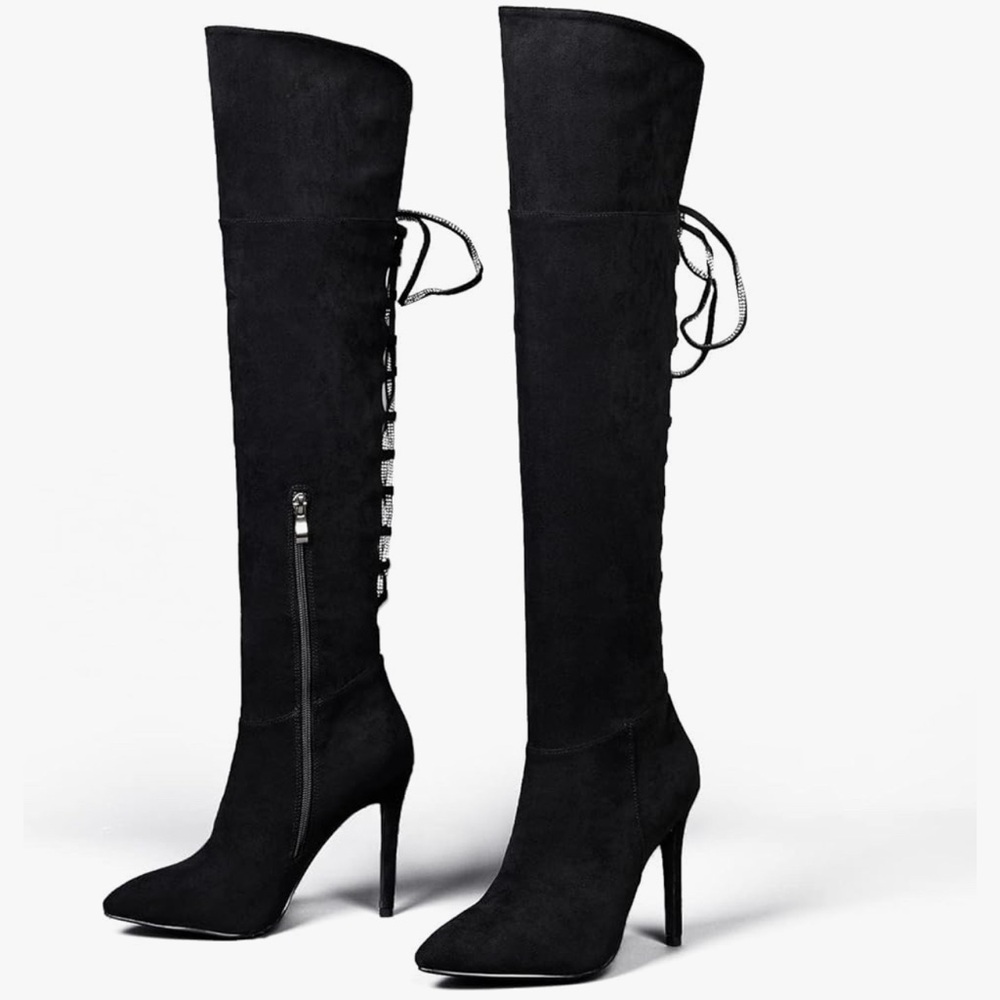 Black Thigh High Stiletto Boots with rhinestone lace up - Women Size 14 US